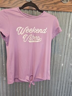 btween Lavender "Weekend Vibes" Short Sleeve Tie-Hem Tee